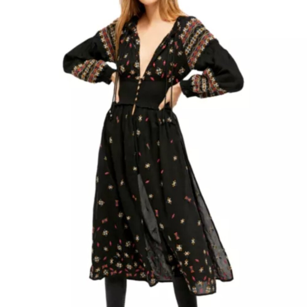 Free People NWT Size Small Black Mykonos Embroidered Maxi Top $198 ADORABLE!